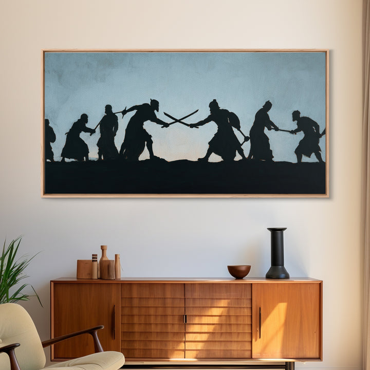 Silhouetted Sword Fighters Wall Art, Minimalist Warrior Battle Print, Black And White Decor, Fantasy Office Art Gift For Him