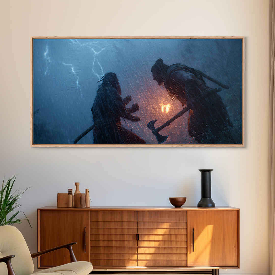 Two Viking Warriors In Lightning Storm Canvas Print, Dark Fantasy Wall Art, Norse Mythology Decor, Dramatic Battle Poster