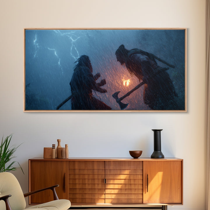 Two Viking Warriors In Lightning Storm Canvas Print, Dark Fantasy Wall Art, Norse Mythology Decor, Dramatic Battle Poster