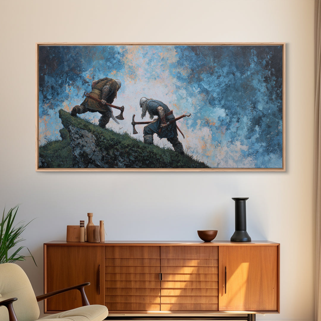 Two Axe Warriors Climbing Stormy Ridge Framed Canvas Print, Viking Battle Wall Art, Dark Fantasy Office Decor Gift, Medieval Art Print