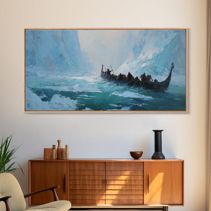 Icy Viking Longship On Turquoise Fjord Canvas Print, Nordic Seascape Wall Decor, Coastal Adventure Art, Gift For Him, Home Decor