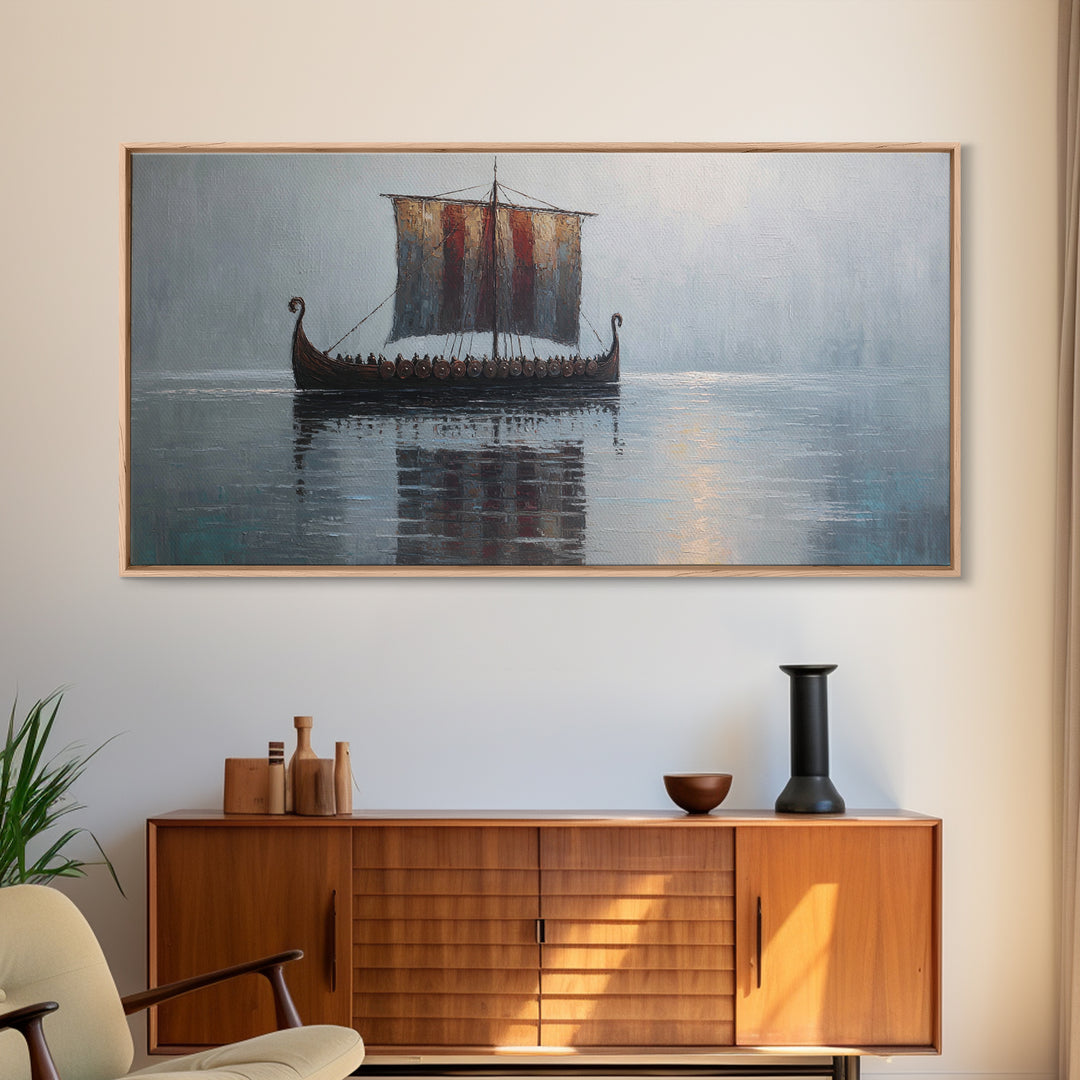 Viking Longship In Misty Water Canvas Print, Nautical Wall Art, Norse Seascape Painting, Coastal Decor For Living Room Art