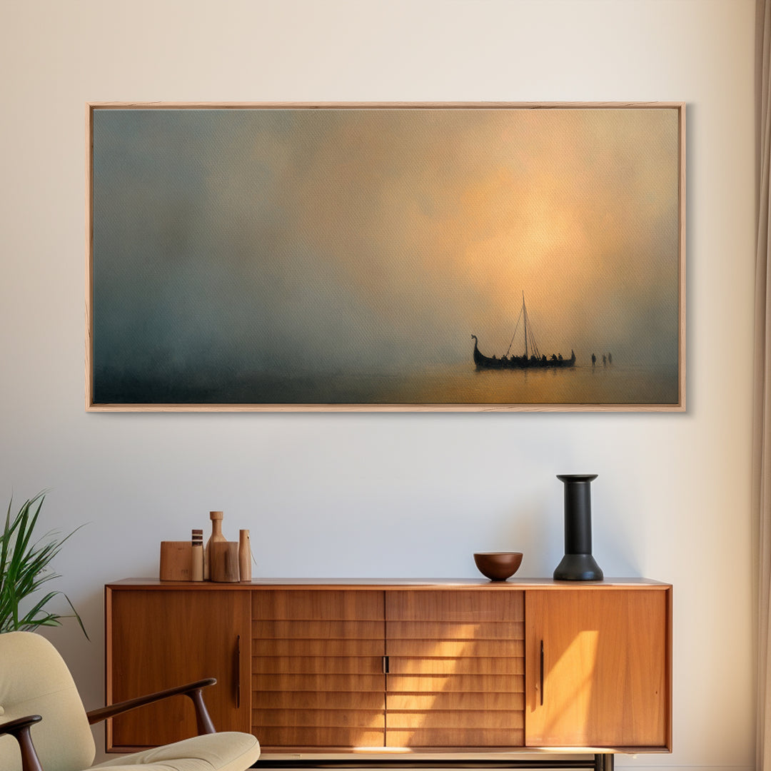 Misty Viking Ship At Golden Fog Canvas Print, Nordic Seascape Wall Decor, Minimalist Coastal Art, Calming Home Decor, Above Sofa Art