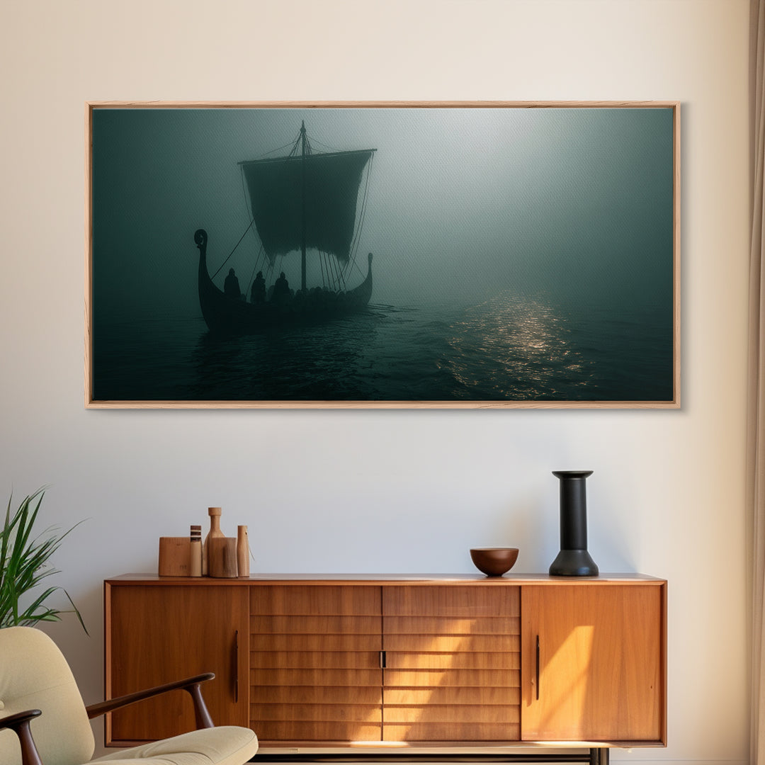 Foggy Viking Longship On Silent Water Wall Art, Nautical Art, Moody Wall Art, Scandinavian Decor, Living Room Decor, Office Decor