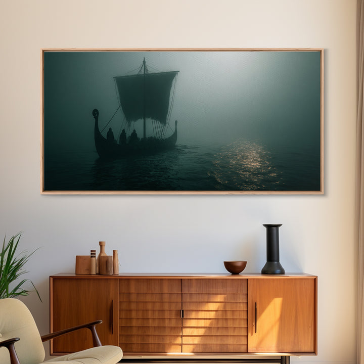 Foggy Viking Longship On Silent Water Wall Art, Nautical Art, Moody Wall Art, Scandinavian Decor, Living Room Decor, Office Decor