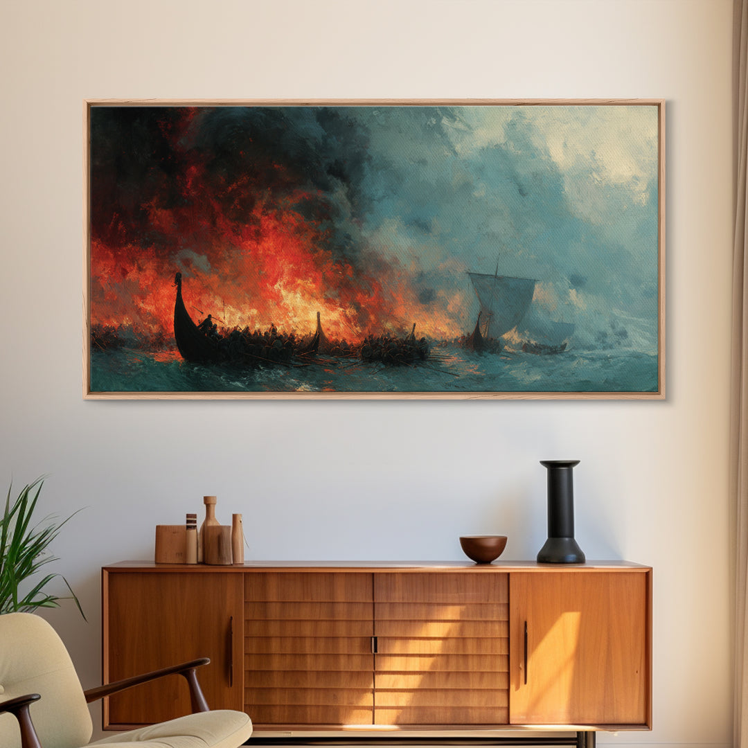 Burning Viking Ships At Stormy Sea Wall Art, Dramatic Norse Seascape Canvas Decor, Historical Ocean Art For Man Cave Decor