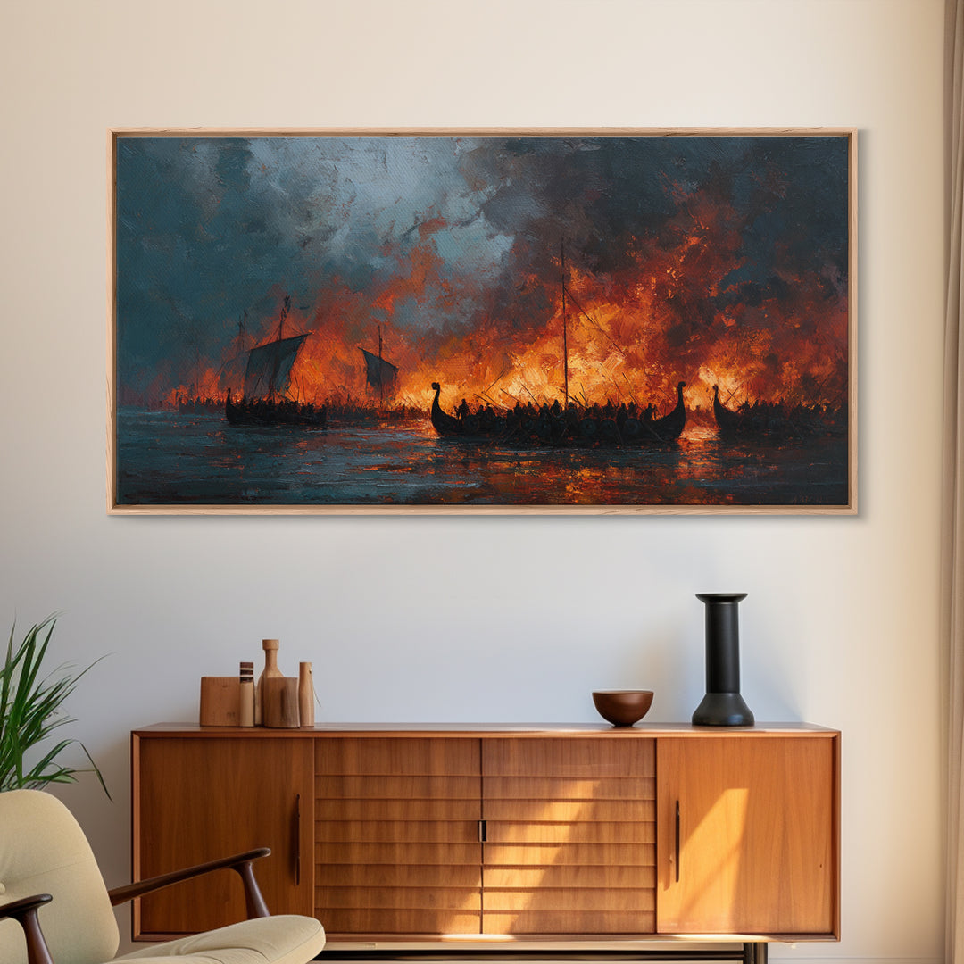 Burning Viking Longships At Sea Wall Art, Dramatic Fantasy Art, Moody Seascape, Historical Battle, Living Room Decor, Office Decor