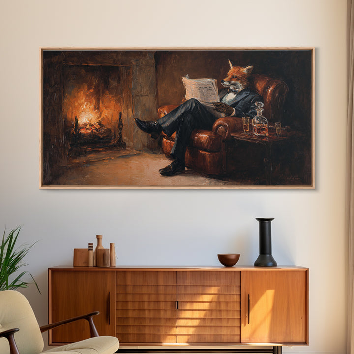 Fox Gentleman Reading By Fireside Canvas Print, Cozy Library Wall Art, Whimsical Animal Decor, Dark Academia Gift For Him
