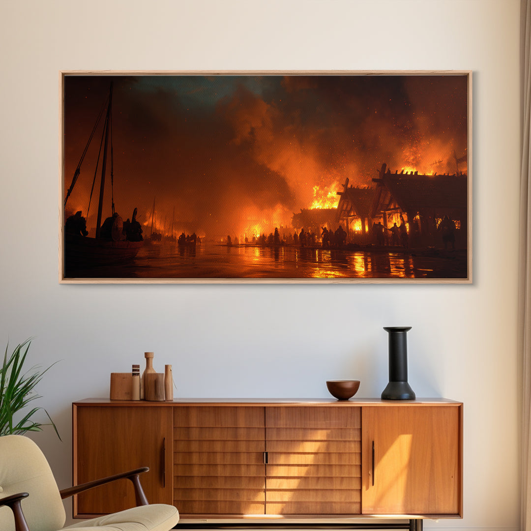 Burning Viking Village At Night Canvas Print, Fiery Harbor Wall Art, Norse Fantasy Decor, Dramatic Medieval Landscape Poster