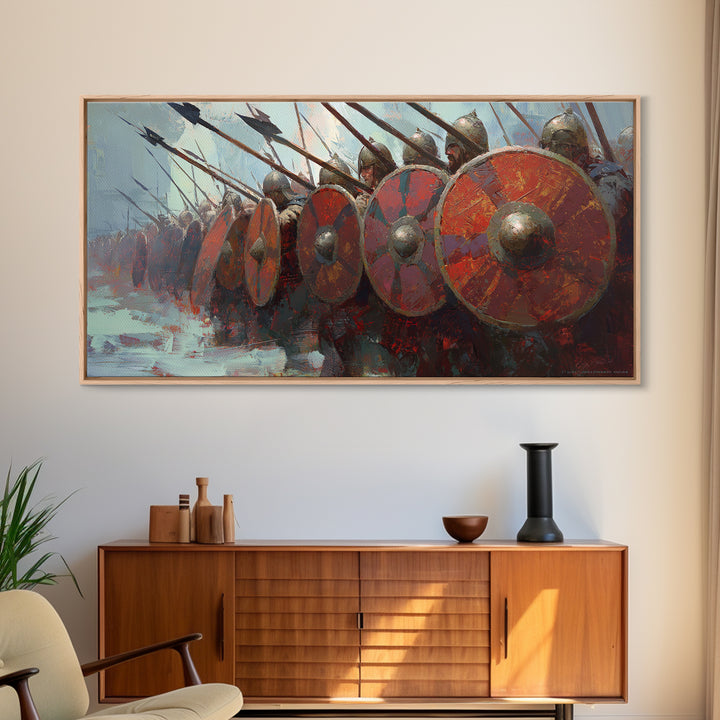Spartan Phalanx With Red Shields Framed Canvas Print Ancient Warrior Wall Art, Historical Battle Office Decor For Man Cave
