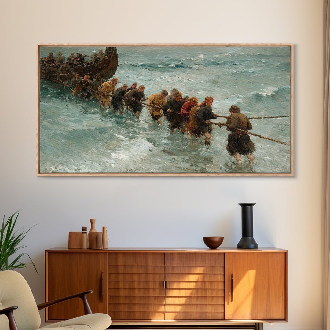 Viking Ship Landing In Icy Surf Framed Canvas Print, Norse Seascape Wall Art, Coastal Adventure Home Decor, Unique Gift For Him