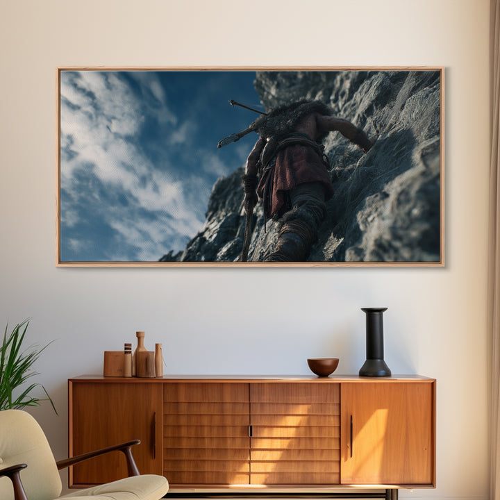 Rugged Warrior Climbing Sheer Mountain Cliff Canvas Print, Adventure Decor, Mountain Wall Art, Fantasy Art, Gift For Him