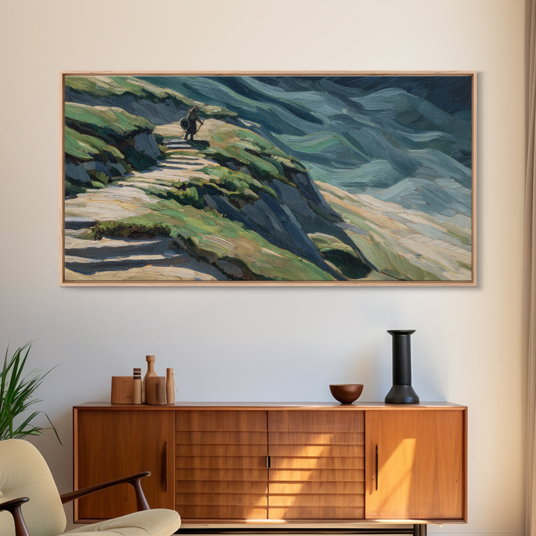 Rider On Mountain Path In Textured Hills Wall Art, Impressionist Landscape Canvas Print, Rustic Nature Decor, Home Decor