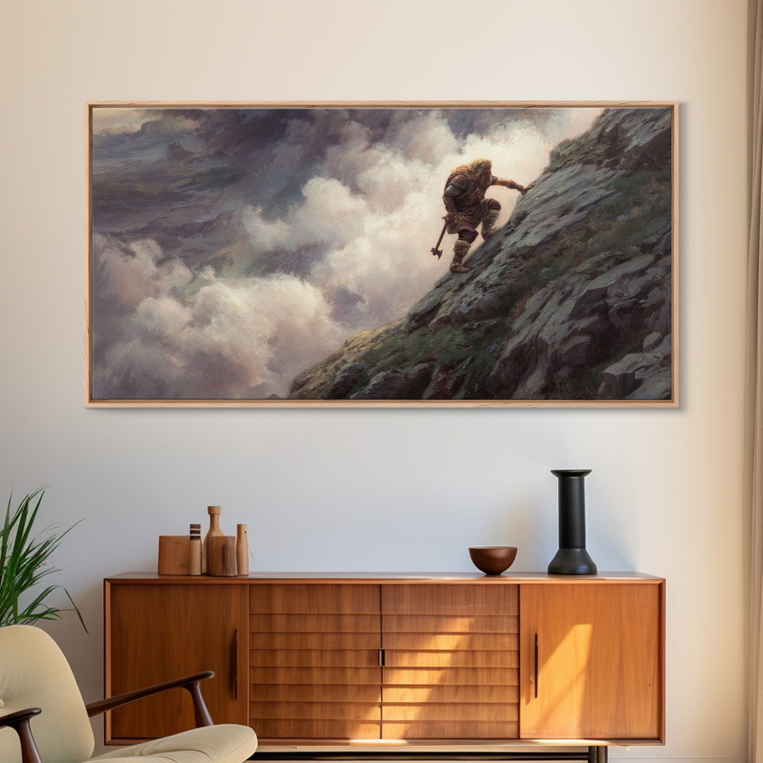 Lone Warrior Climbing Stormy Mountain Framed Canvas Print, Fantasy Adventure Wall Art, Moody Landscape Decor, Gift For Him