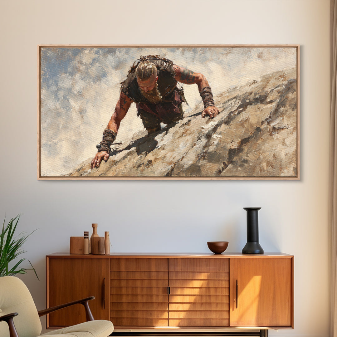 Rugged Viking Climbing Snowy Mountain Cliff Wall Art, Textured Adventure Canvas Print For Masculine Office Decor And Cabin Decor