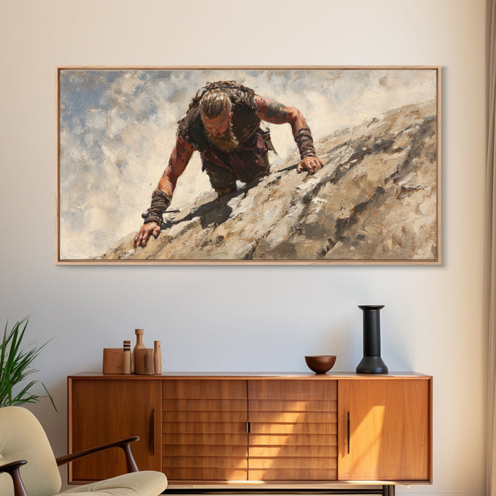 Rugged Viking Climbing Snowy Mountain Cliff Wall Art, Textured Adventure Canvas Print For Masculine Office Decor And Cabin Decor