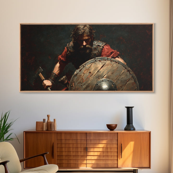 Bearded Viking Warrior With Shield Canvas Print, Norse Battle Artwork, Dark Fantasy Art, Rustic Man Cave Wall Decor, Gift For Him
