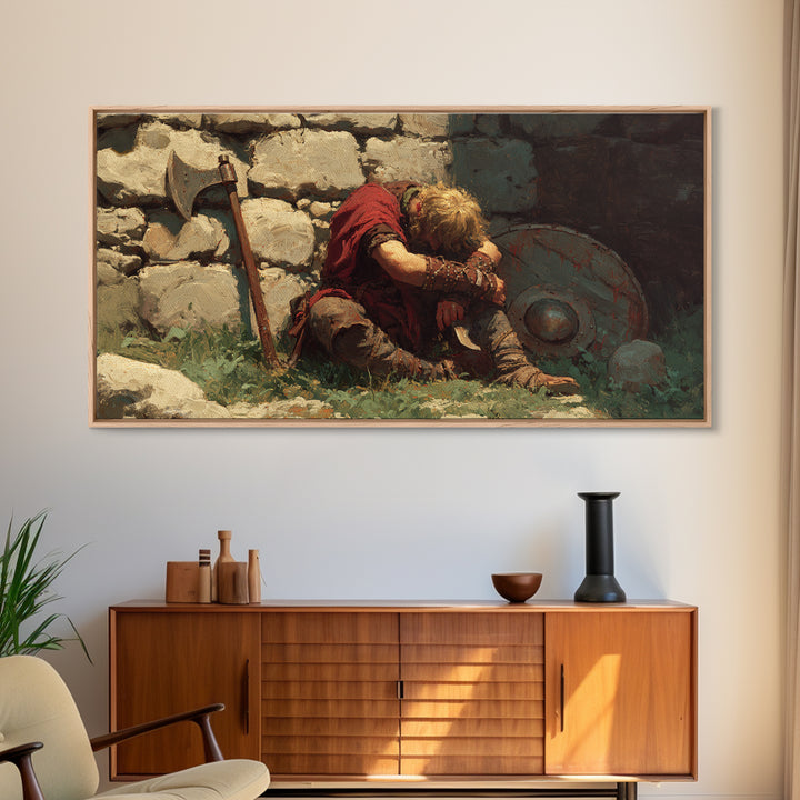 Wounded Viking Resting By Stone Wall Canvas Print, Norse Warrior Artwork, Rustic Historical Decor, Dark Academia Art, Gift For Him