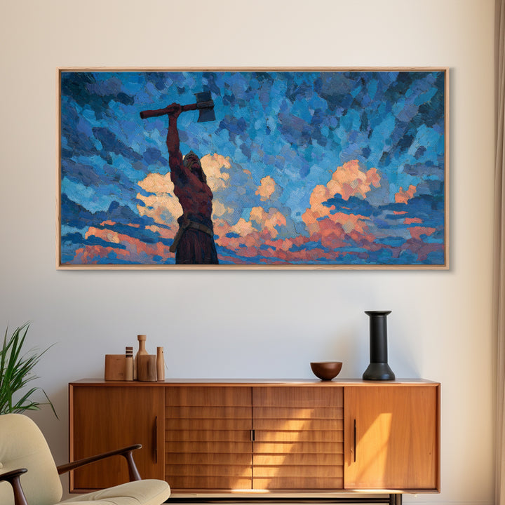 Dynamic Expressionist Oil Painting Of Man With Raised Axe Under Blue Sky Modern Wall Art Canvas Print
