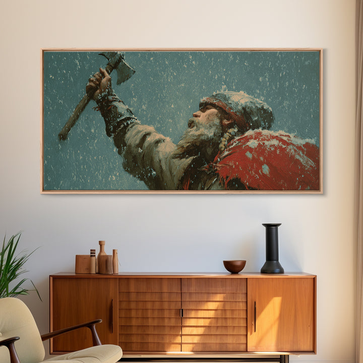 Bearded Viking Raising Axe In Snow Canvas Print, Norse Warrior Wall Art, Winter Fantasy Decor For Man Cave Or Office Gift