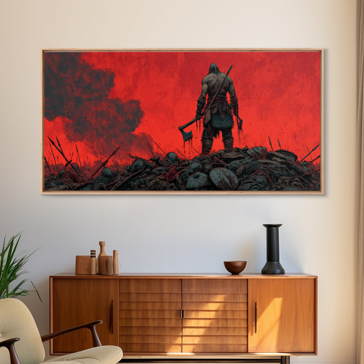 Lone Viking Warrior On Red Battlefield Wall Art, Dark Fantasy Canvas, Nordic War Decor, Masculine Office Art, Gift For Him