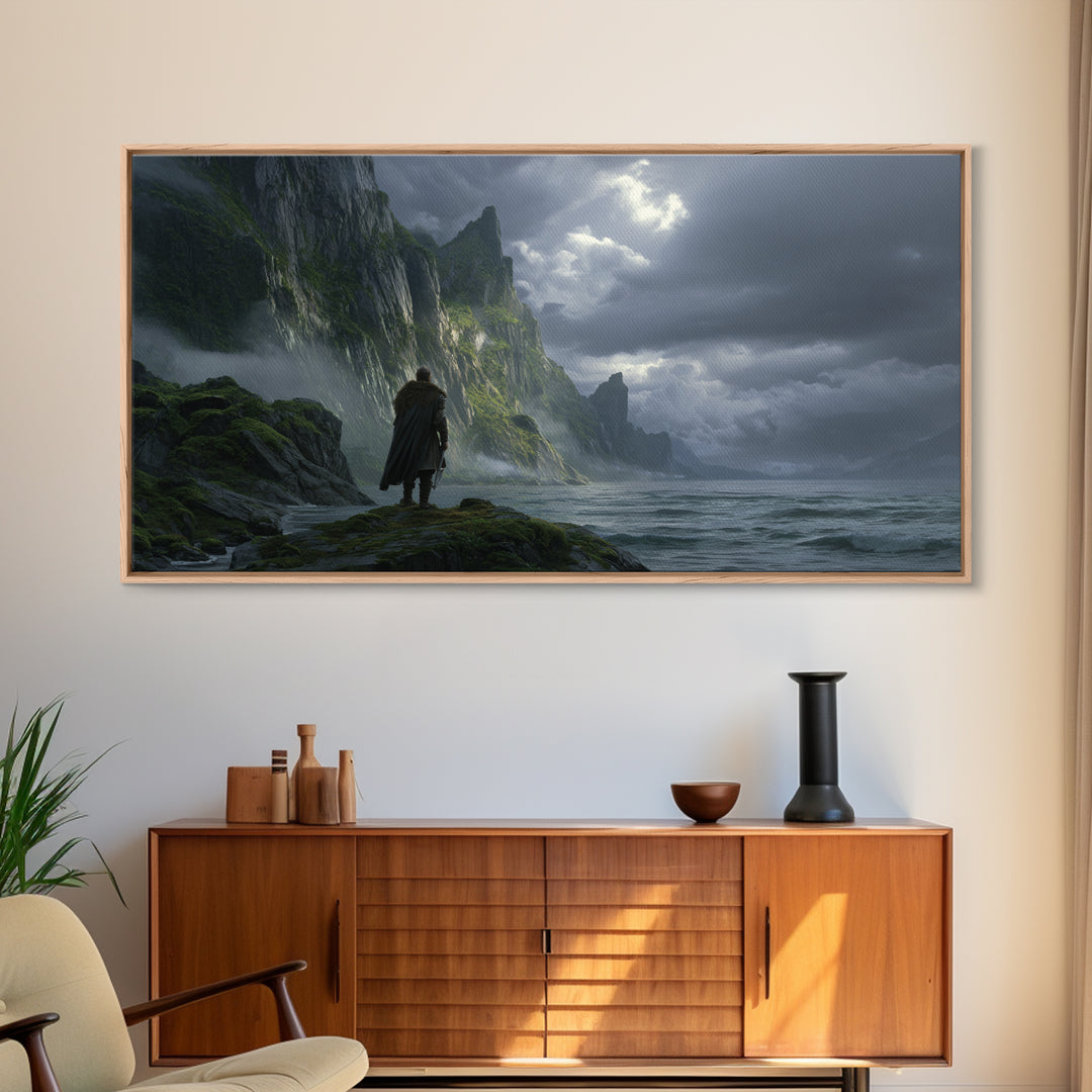 Lonely Wanderer On Stormy Sea Cliffs Canvas Print, Dark Fantasy Landscape Wall Art, Viking Coastal Decor, Moody Seascape