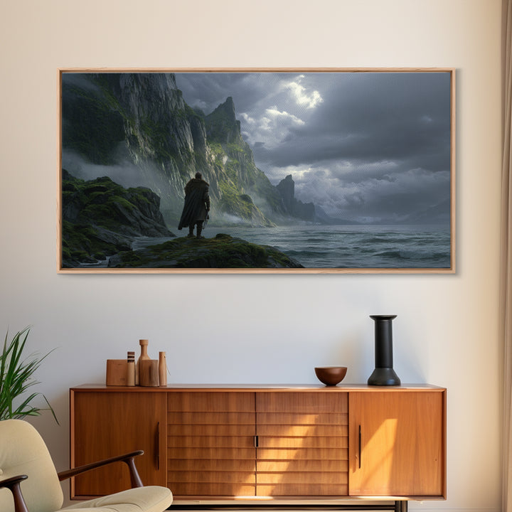 Lonely Wanderer On Stormy Sea Cliffs Canvas Print, Dark Fantasy Landscape Wall Art, Viking Coastal Decor, Moody Seascape