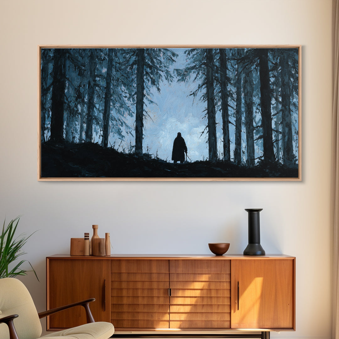 Lone Wanderer In Dark Pine Forest Wall Art, Moody Landscape Print, Gothic Nature Decor, Fantasy Cabin Wall Decor Gift For Him