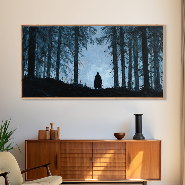 Lone Wanderer In Dark Pine Forest Wall Art, Moody Landscape Print, Gothic Nature Decor, Fantasy Cabin Wall Decor Gift For Him