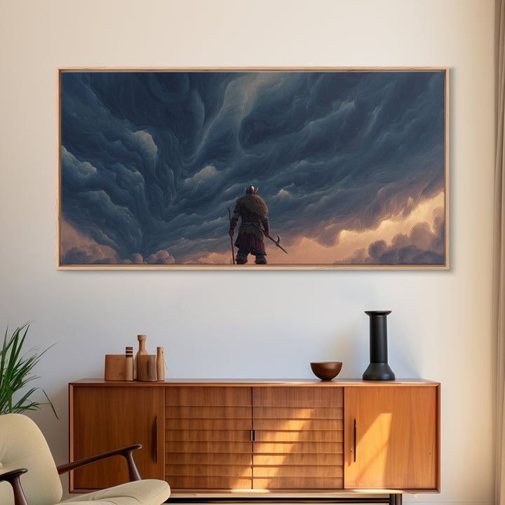 Viking Warrior Beneath Storm Clouds Canvas Print, Nordic Fantasy Wall Art, Moody Landscape Decor, Gift For Him, Living Room Decor