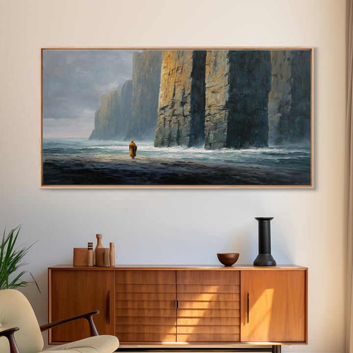 Lone Wanderer By Towering Sea Cliffs Wall Art, Moody Seascape Painting, Coastal Landscape Print, Dramatic Ocean Decor For Living Room