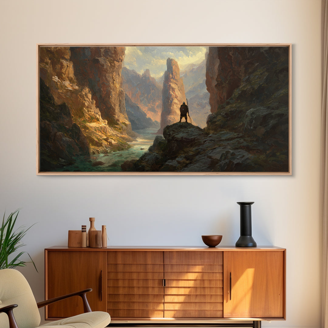Lone Rider In Golden Canyon Canvas Print, Western Landscape Wall Art, Mountain Desert Decor, Large Rustic Home Decor, Housewarming Gift