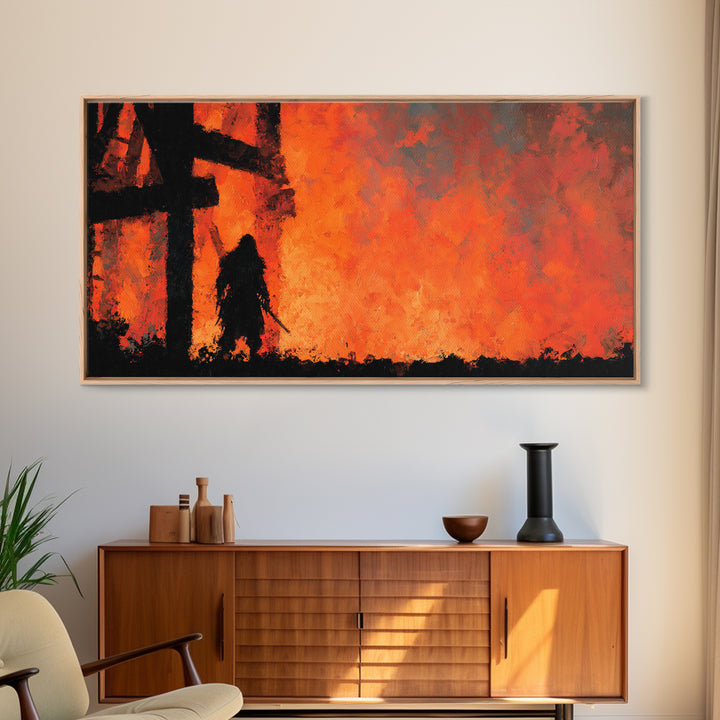 Dark Warrior Before Burning Tower Wall Art, Fiery Fantasy Landscape Print, Red Orange Gothic Decor, Dramatic Wall Decor Gift