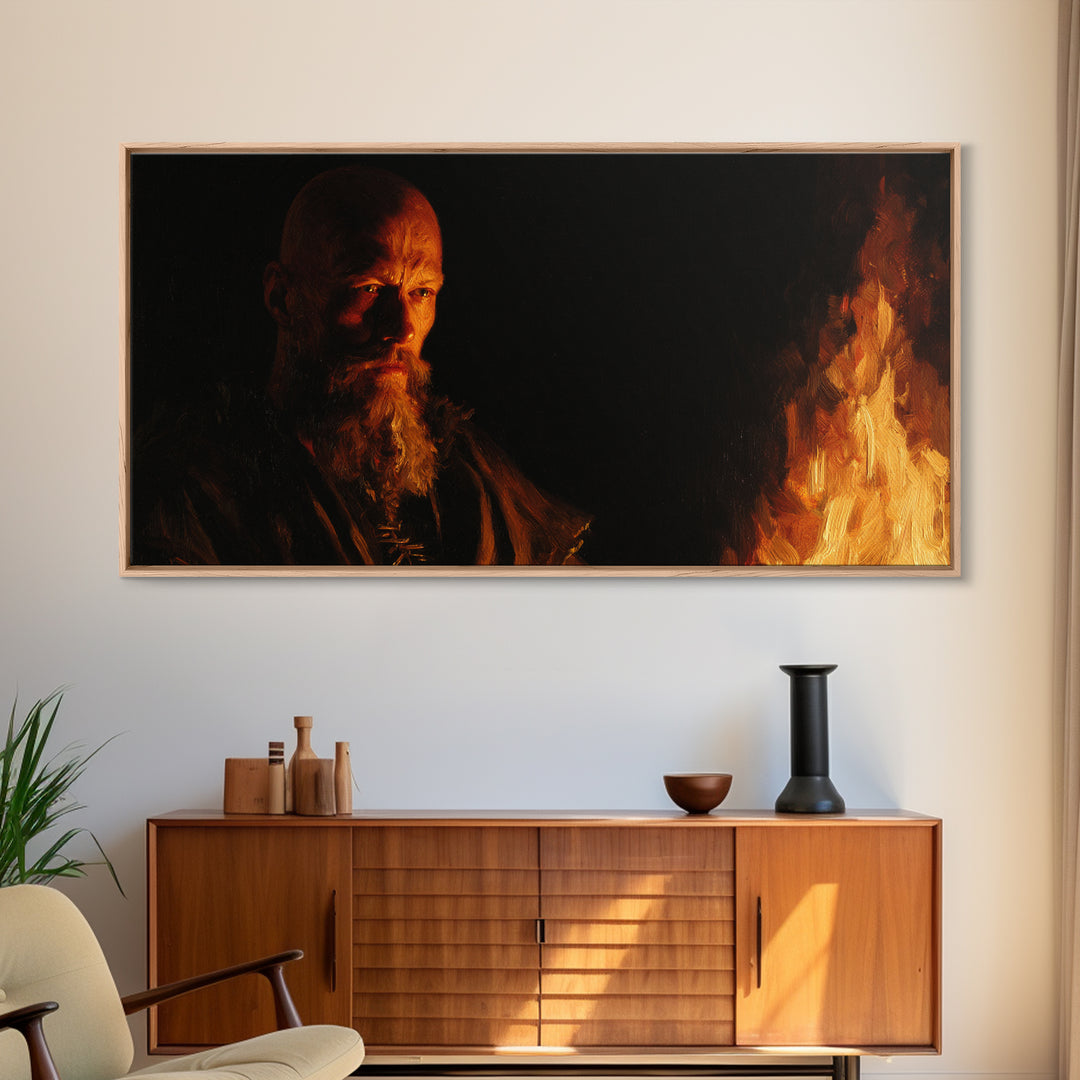 Bearded Man By Fire In Moody Light Canvas Print, Dark Portrait Wall Art, Rustic Viking Decor, Masculine Office Art, Gift For Him