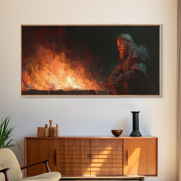Bearded Viking Beside Blazing Fire Wall Art, Dark Nordic Canvas Print For Rustic Home Decor And Masculine Office Decor Gift