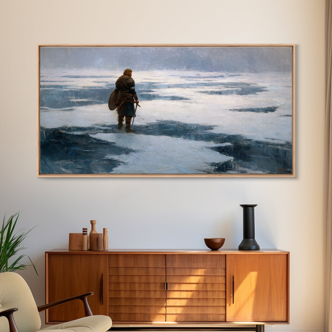 Lone Viking On Frozen Tundra Canvas Print, Nordic Winter Landscape Wall Decor, Medieval Warrior Art For Rustic Home Decor
