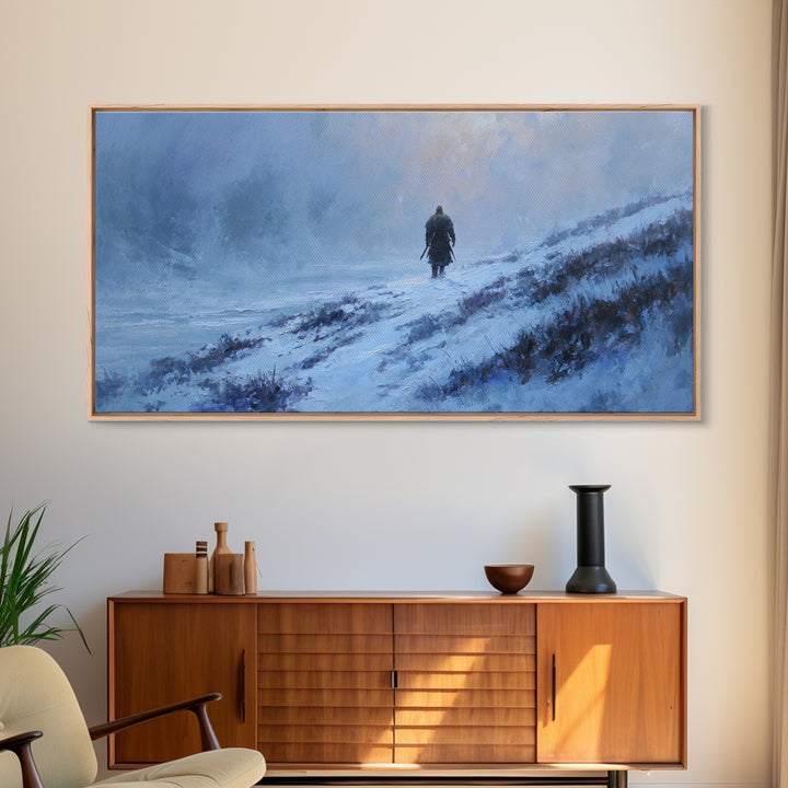 Lone Warrior In Snowy Blue Highlands Wall Art Winter Landscape Canvas, Viking Inspired Decor, Moody Large Print For Living Room Decor
