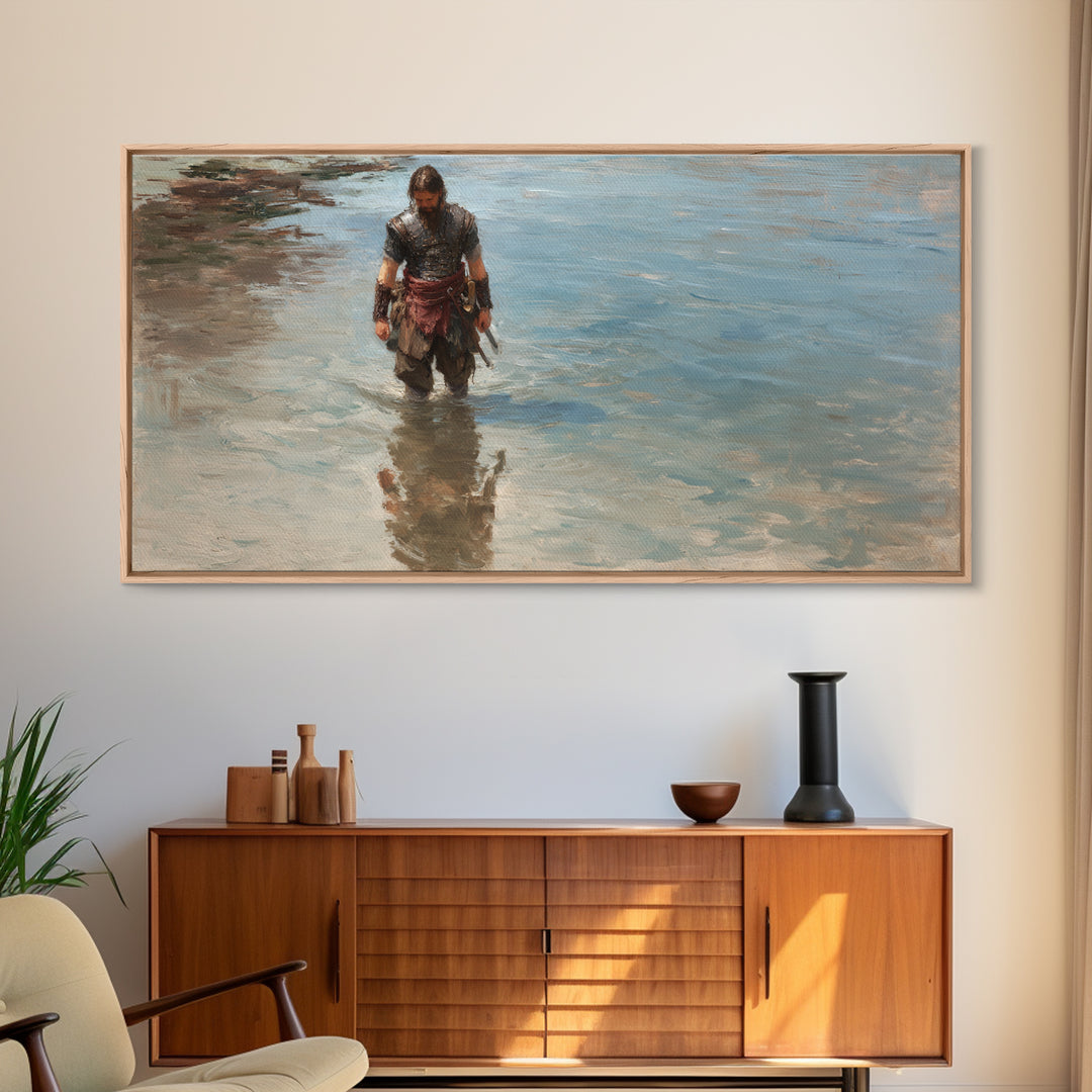 Solitary Warrior Walking Through Blue Water Canvas Print, Coastal Battle Wall Art, Heroic Landscape Decor, Modern Gift For Him