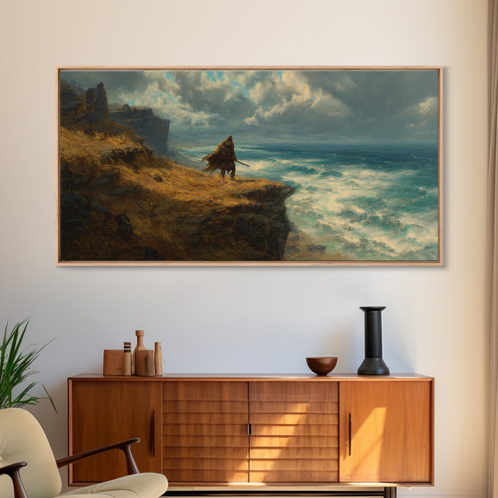 Cloaked Warrior On Ocean Cliff Wall Art, Moody Seascape Canvas Print, Fantasy Coastal Decor For Office Or Living Room Art