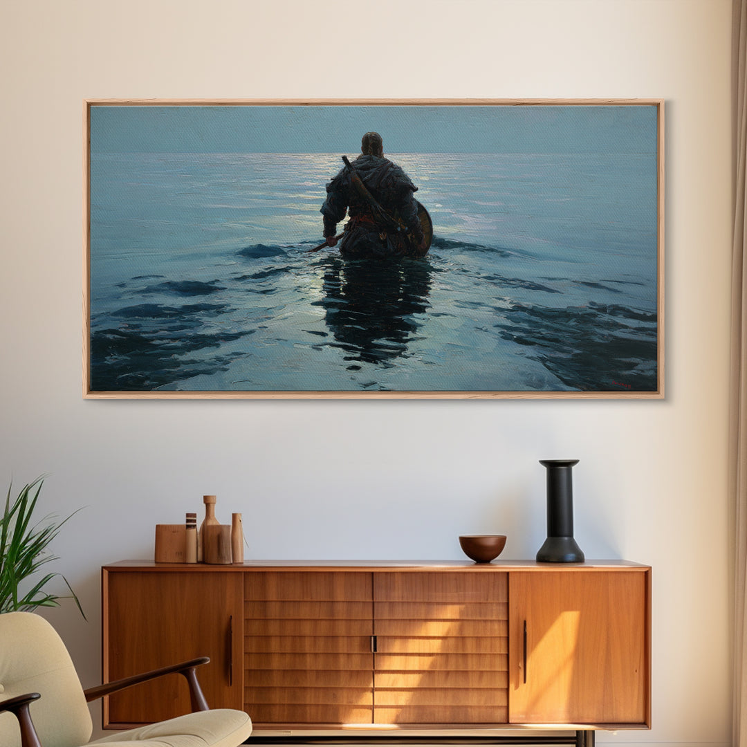 Lone Warrior Wading Into Calm Blue Sea Framed Canvas Print, Nautical Fantasy Wall Art, Moody Coastal Living Room Decor Gift