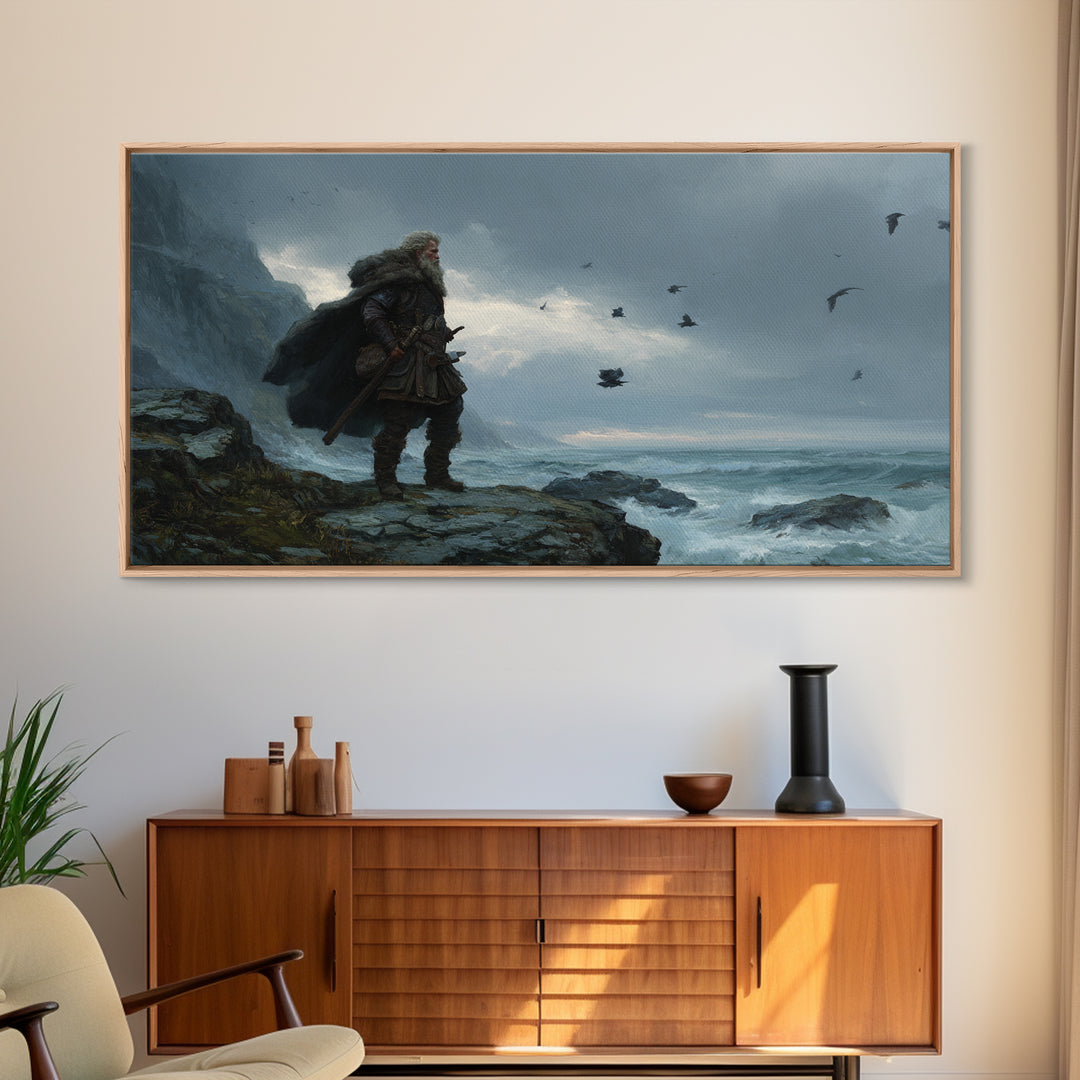 Weathered Viking On Stormy Sea Cliff Wall Art, Nordic Warrior Canvas Print For Masculine Office Decor And Coastal Home Decor