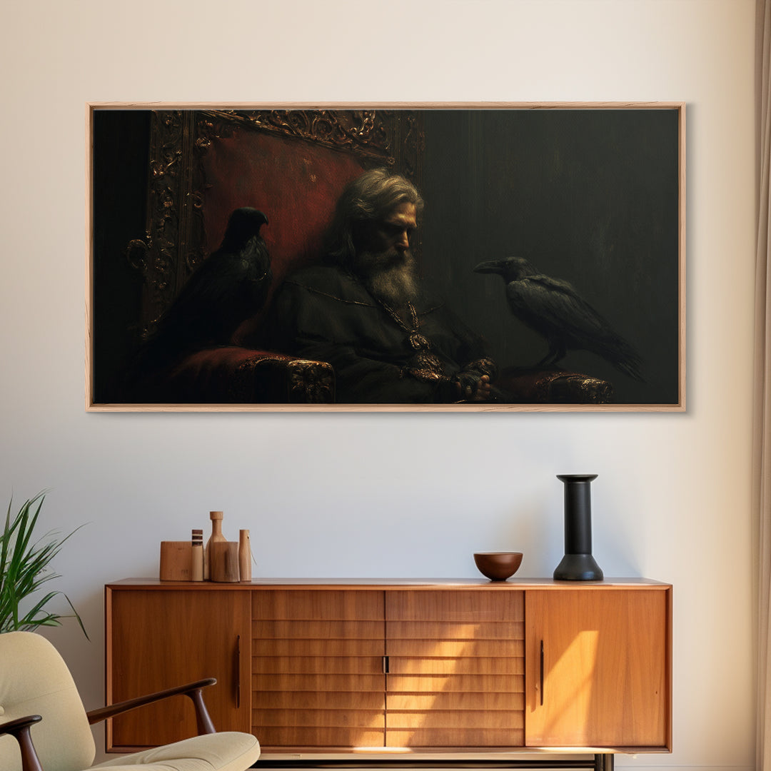 Moody Raven King Throne Portrait Wall Art, Dark Academia Gothic Canvas Decor, Medieval Fantasy Painting For Living Room Decor
