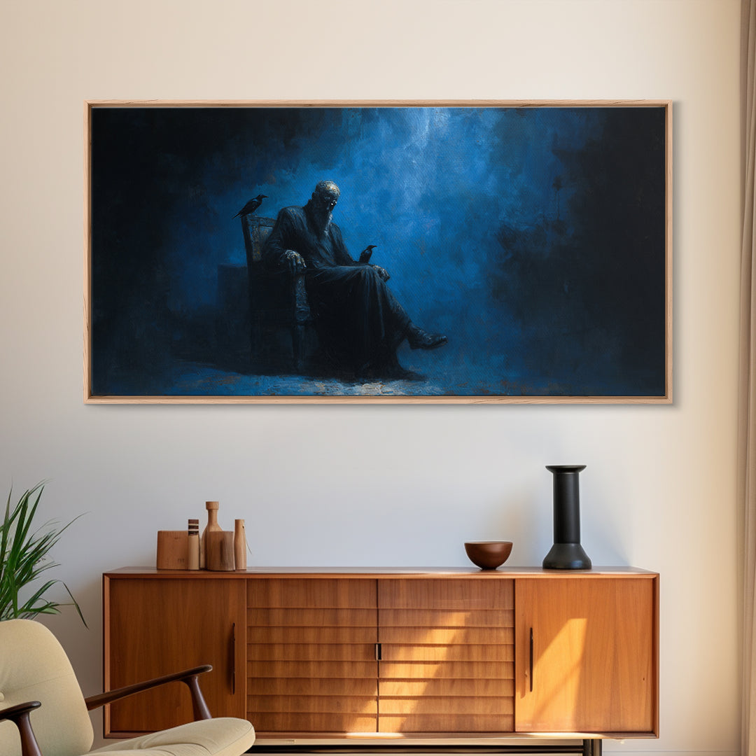 Dark Seated Figure With Raven Canvas Print Blue Gothic Portrait, Moody Wall Decor, Dark Academia Art For Living Room And Office Decor