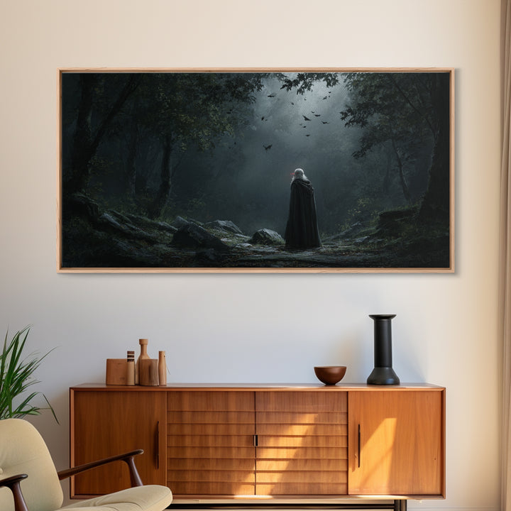 Cloaked Wanderer In Moonlit Gothic Forest Wall Art, Dark Fantasy Canvas Painting, Moody Woodland Decor Gift For Her And Witchy Home Decor