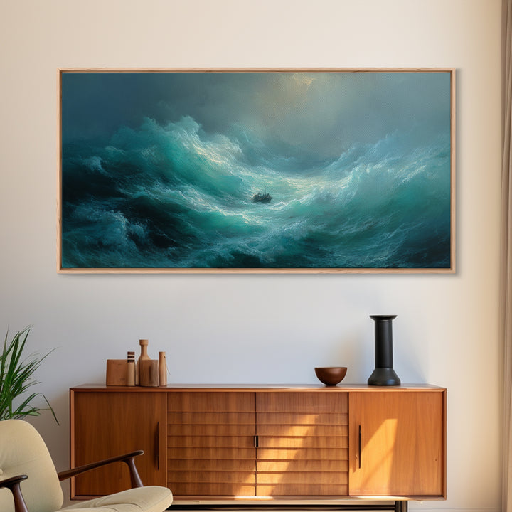 Stormy Ocean With Tiny Boat Canvas Print, Dramatic Seascape Wall Art, Moody Coastal Decor, Nautical Gift For Him, Ocean Art Print