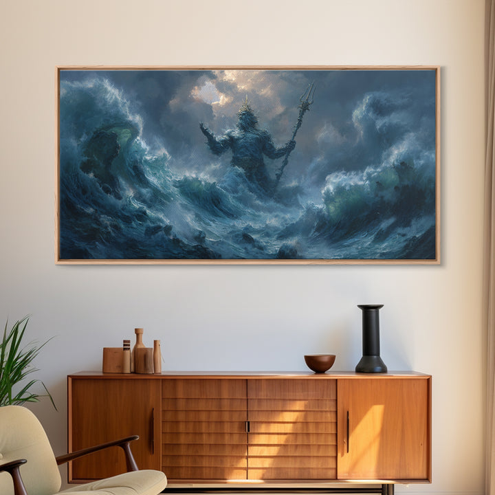 Majestic Mythical Ocean God Painting Wall Art Canvas Print For Coastal Rustic Home Decor And Living Room