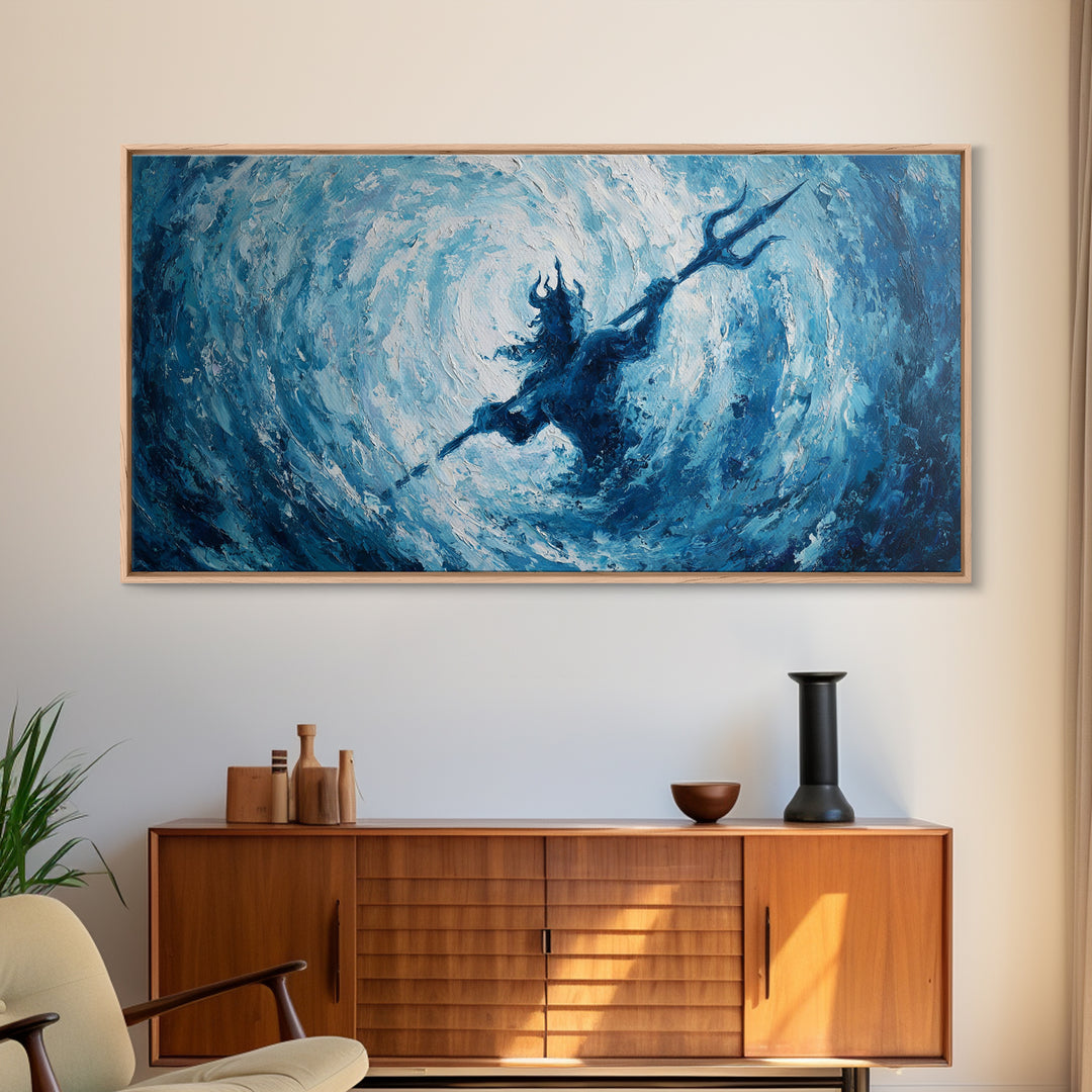 Poseidon Trident In Swirling Ocean Canvas Print Mythological Large Blue Wall Art, Fantasy Seascape For Coastal Home Decor