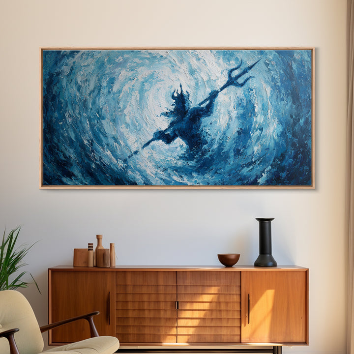Poseidon Trident In Swirling Ocean Canvas Print Mythological Large Blue Wall Art, Fantasy Seascape For Coastal Home Decor