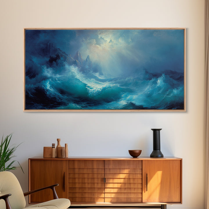 Stormy Turquoise Blue Ocean Waves Canvas Print, Dramatic Seascape Wall Decor, Coastal Landscape Art For Living Room Decor