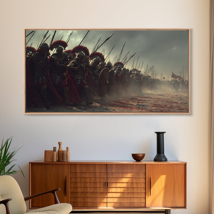 Roman Soldiers Assemble In Battle Ready Scene Historical Wall Art Framed Canvas Print For Living Room And Office Decor